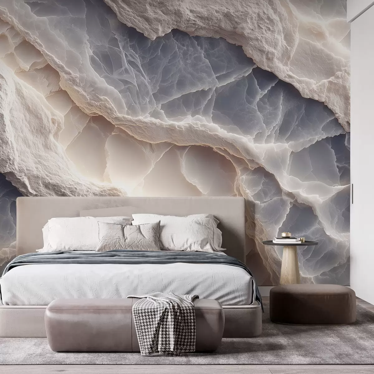 murales de pared Elegante abstracción al estilo de capas de mármol y minerales en color azul-beige w09408