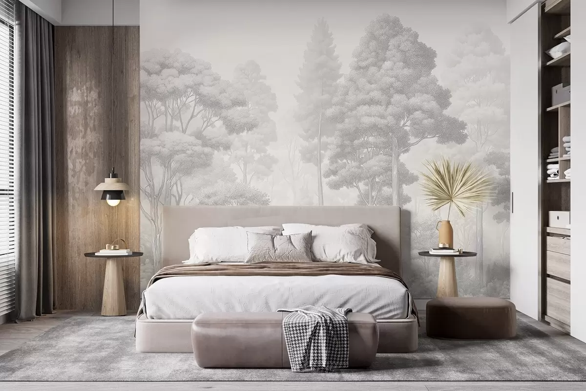 murales de pared Paisaje forestal artístico en la técnica del sombreado gráfico en blanco y negro w09411