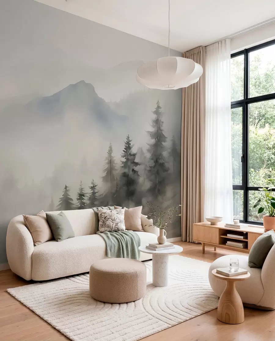 murales de pared Bosque en la niebla con las montañas como telón de fondo w04493