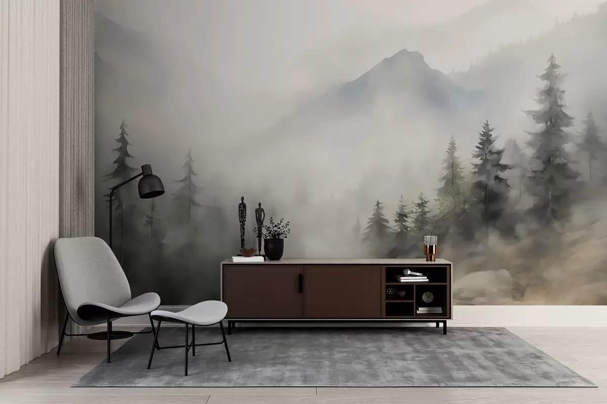 murales de pared Bosque en la niebla con las montañas como telón de fondo w04493