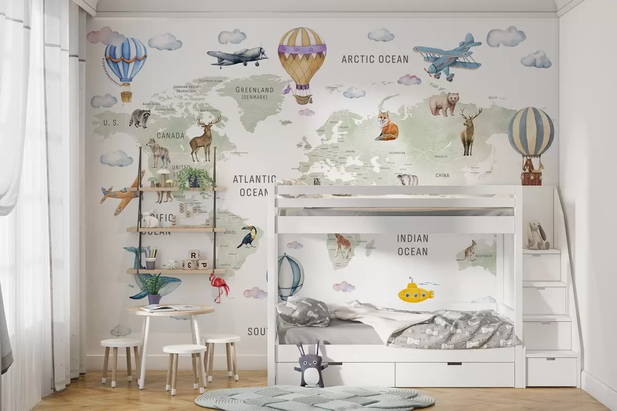 murales de pared Mapa mundial infantil con animales w04636
