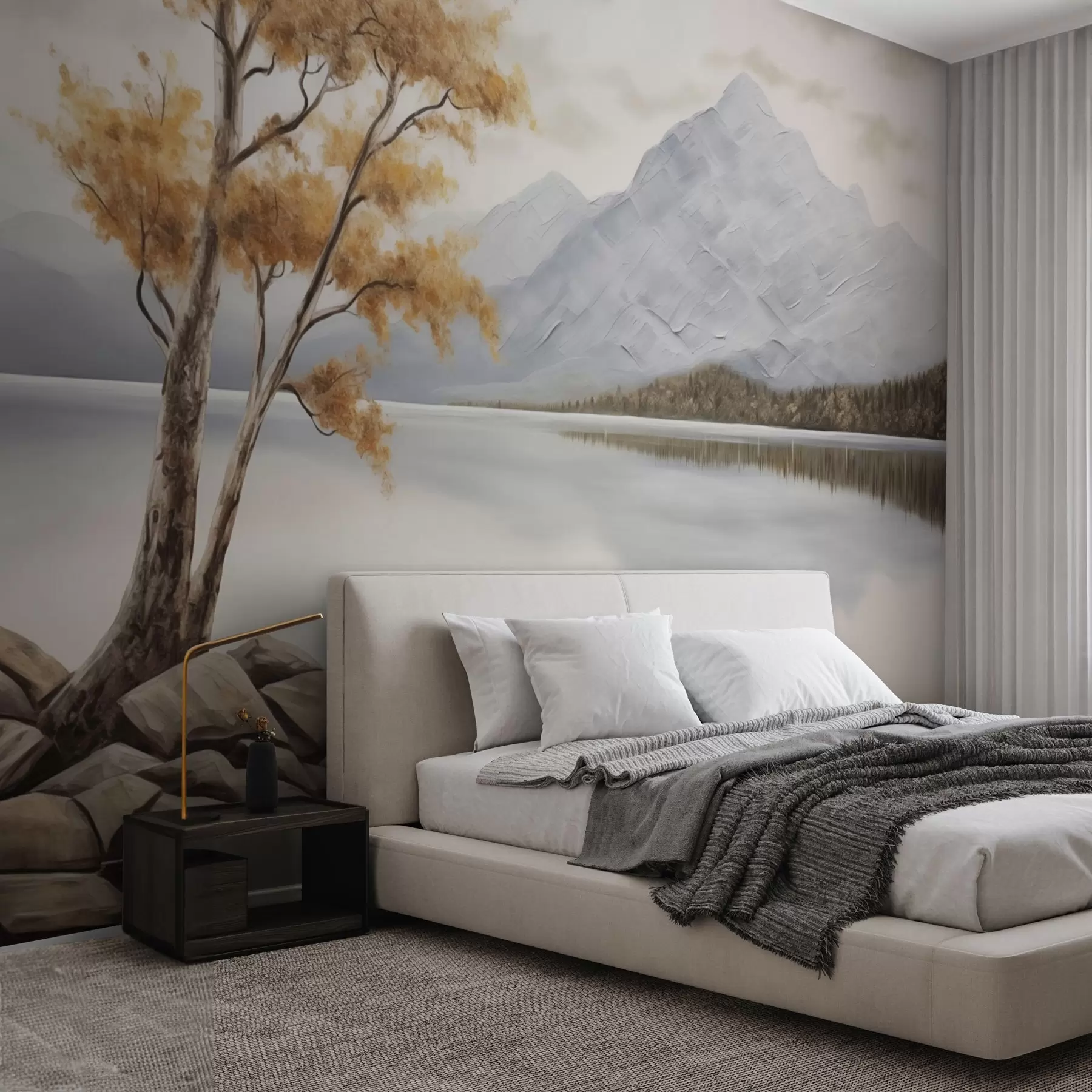murales de pared Árbol otoñal junto a un lago de montaña, tranquilos tonos pastel w04611
