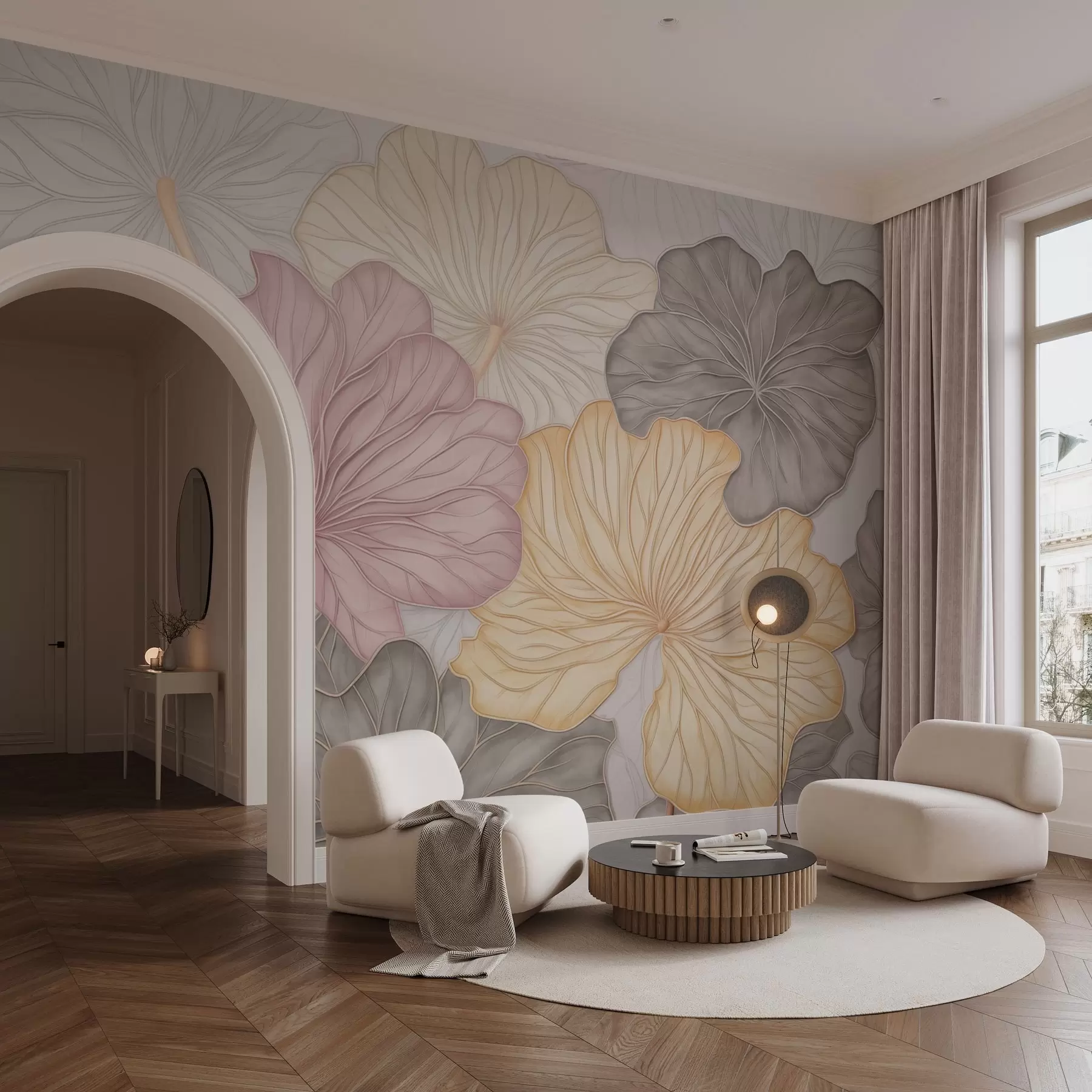 murales de pared Hojas grandes de color pastel con nervaduras finas w04612