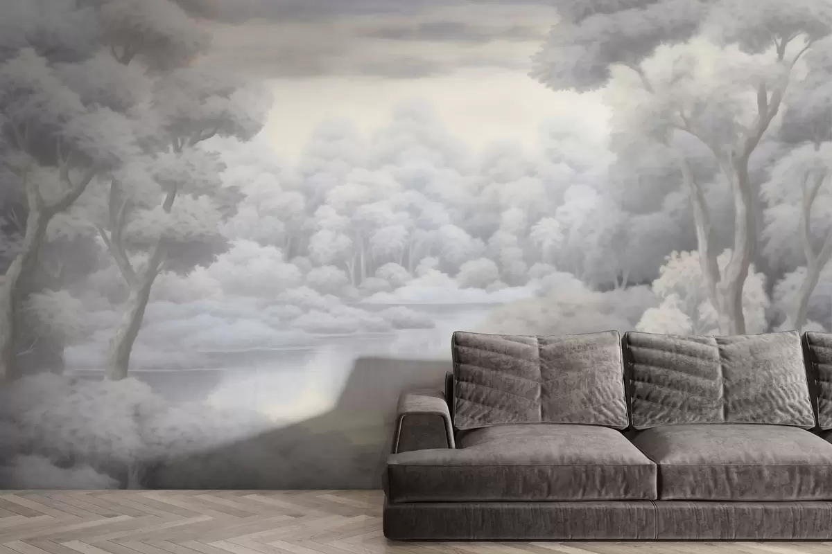 murales de pared Bosque brumoso y lago en suaves tonos grises w04617