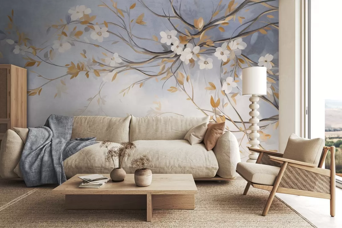 murales de pared Flores blancas con hojas naranjas en una rama de árbol, fondo azul claro con textura, delicadas pinceladas w09415