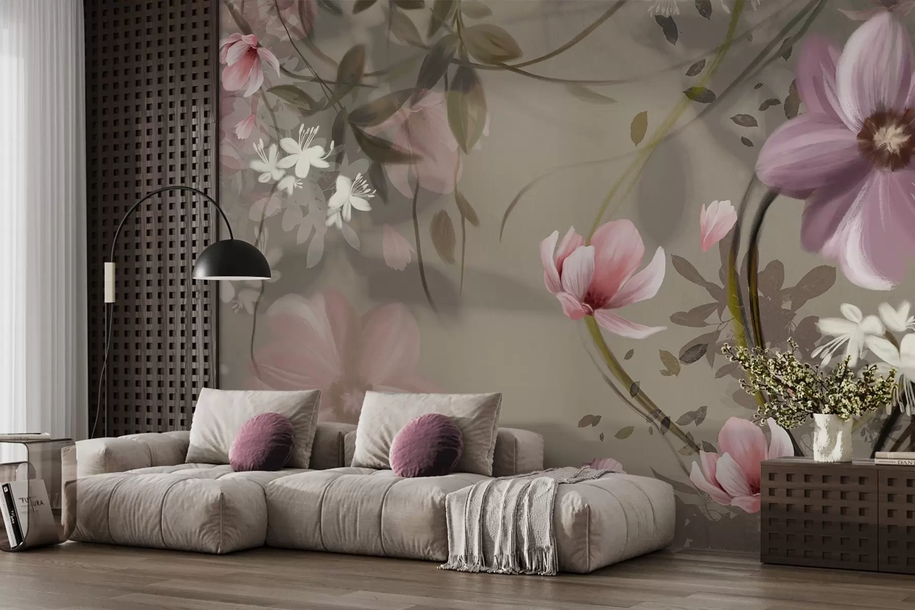 murales de pared Flores rosas y blancas con tallos y hojas marrones, iluminación suave, colores apagados, arreglo floral w09417