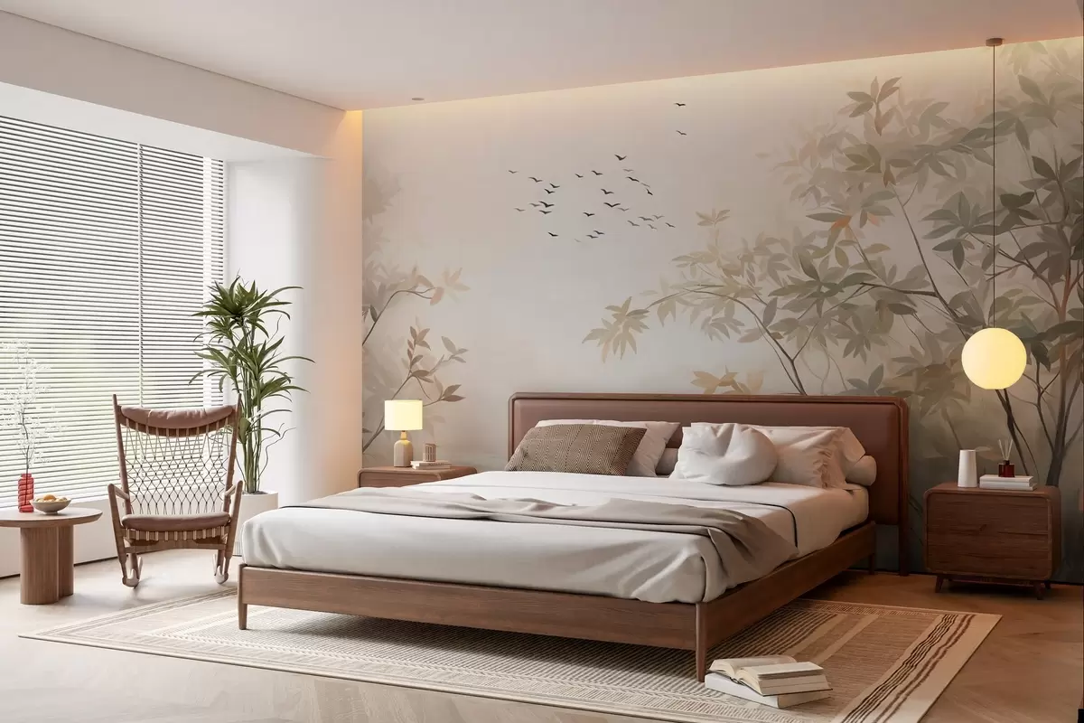 murales de pared Paisaje texturizado con árboles y una bandada de pájaros volando en el cielo, colores pastel, escena natural w09418