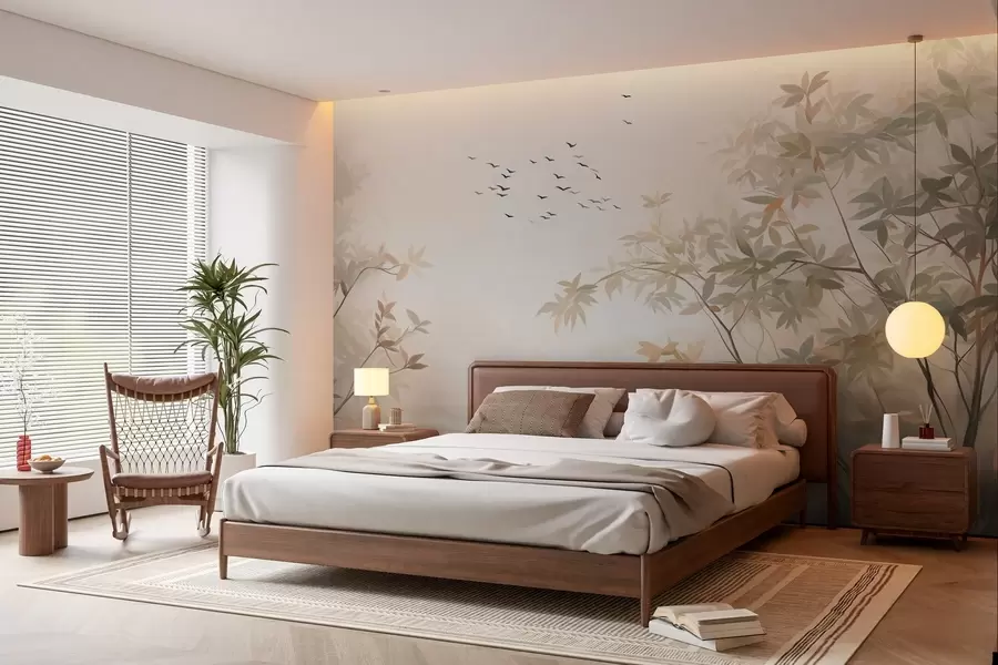 murales de pared Paisaje texturizado con árboles y una bandada de pájaros volando en el cielo, colores pastel, escena natural w09418