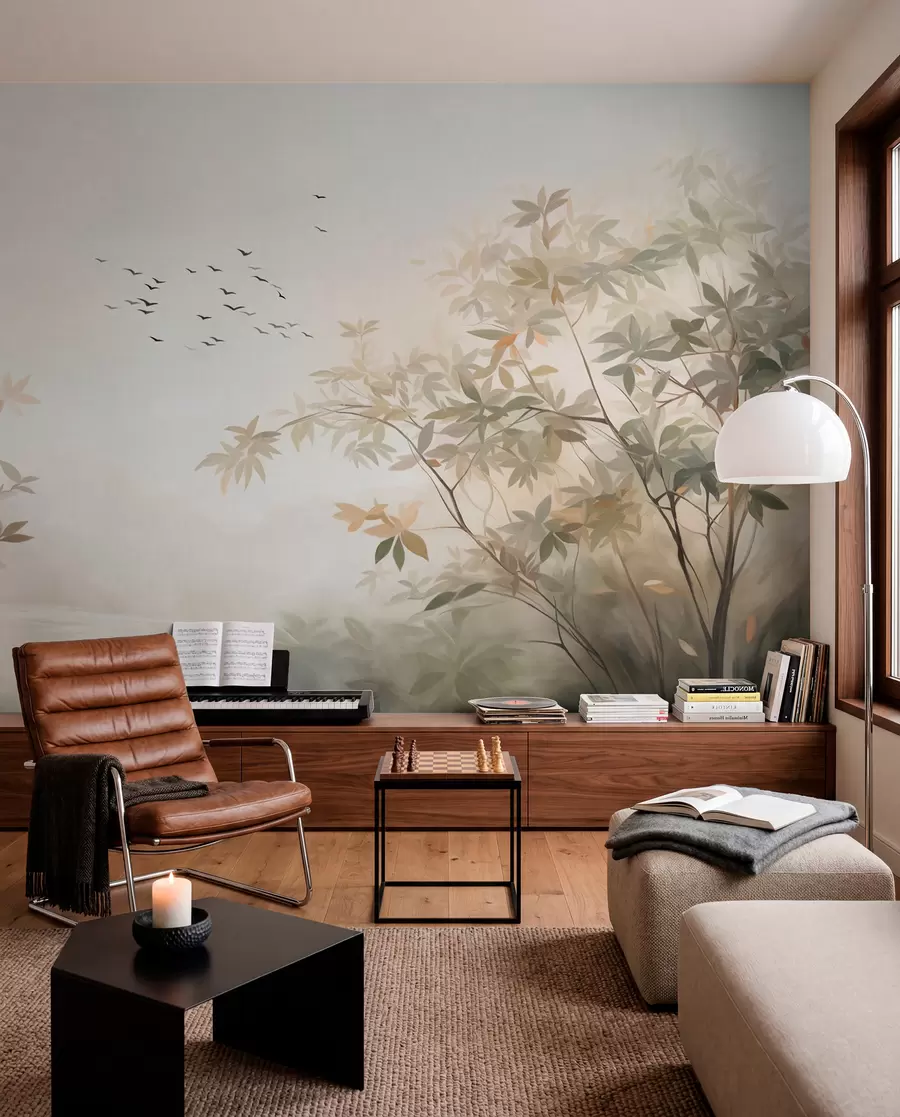murales de pared Paisaje texturizado con árboles y una bandada de pájaros volando en el cielo, colores pastel, escena natural w09418