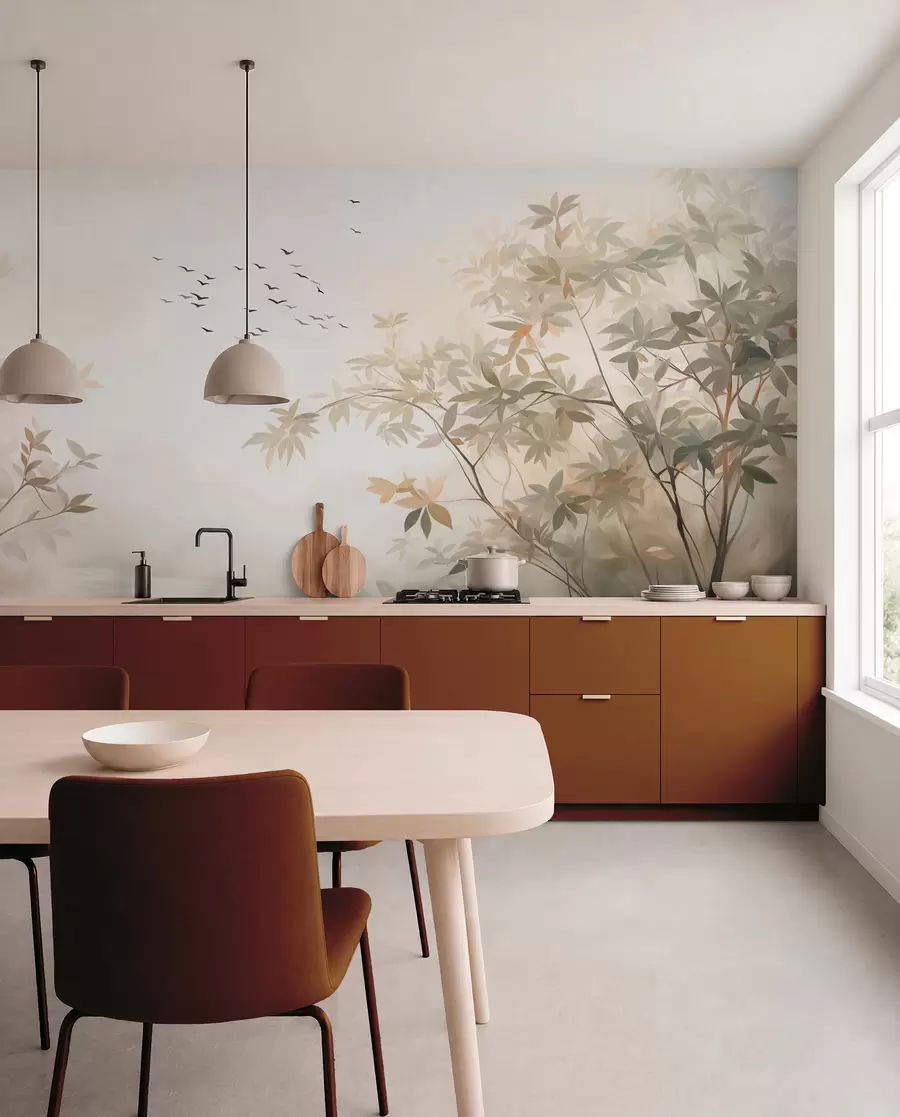 murales de pared Paisaje texturizado con árboles y una bandada de pájaros volando en el cielo, colores pastel, escena natural w09418