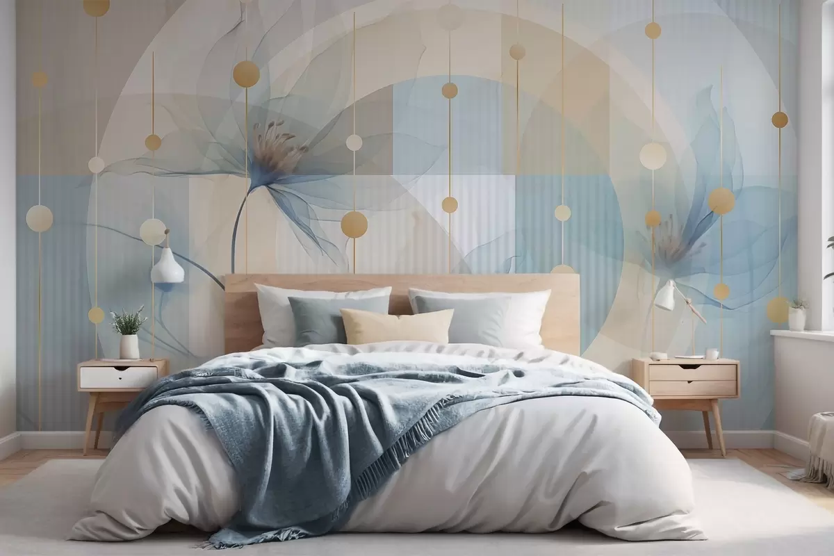 murales de pared Flores abstractas translúcidas, círculos y formas geométricas, paleta de colores azul pastel, beige y blanco w09419