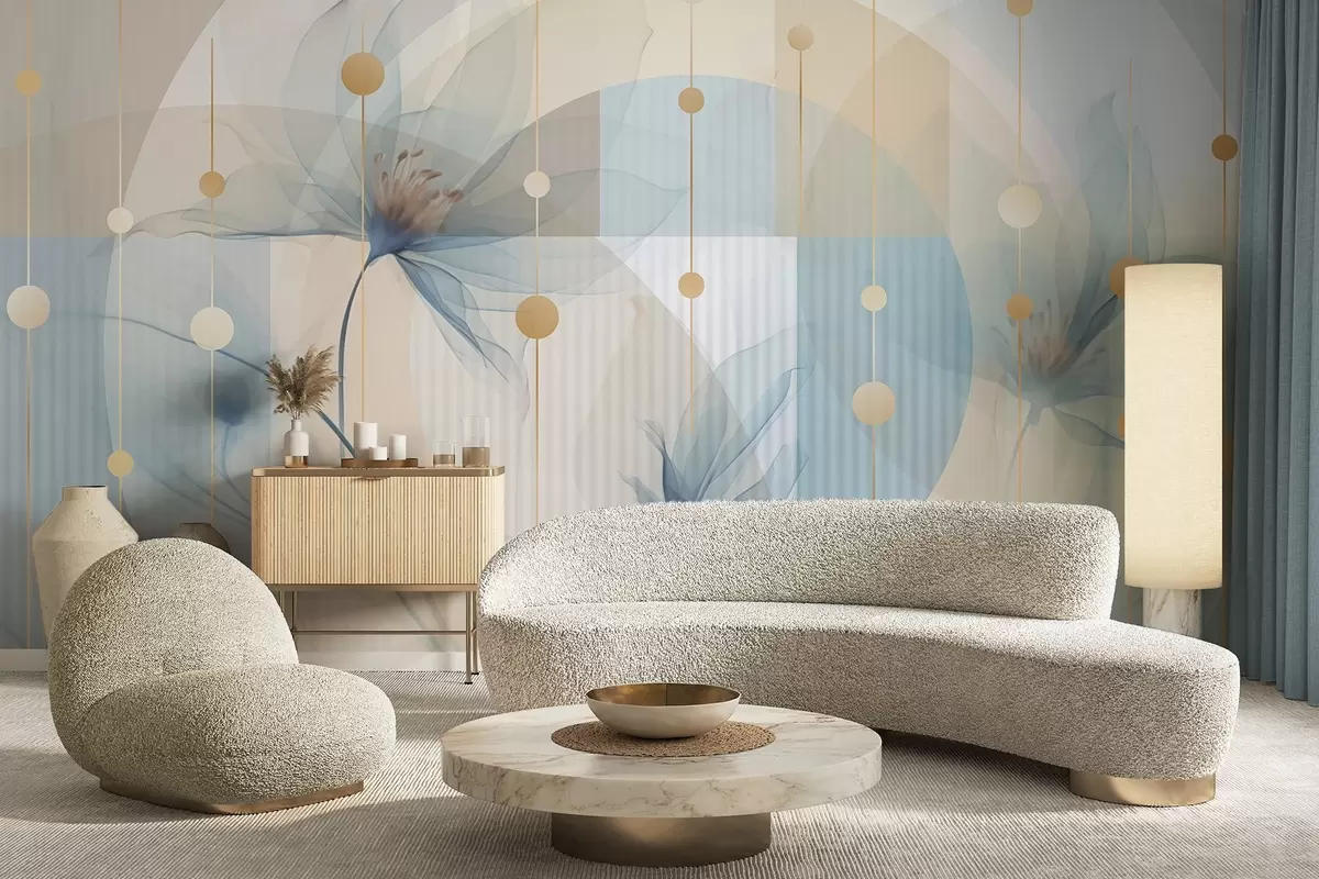 murales de pared Flores abstractas translúcidas, círculos y formas geométricas, paleta de colores azul pastel, beige y blanco w09419