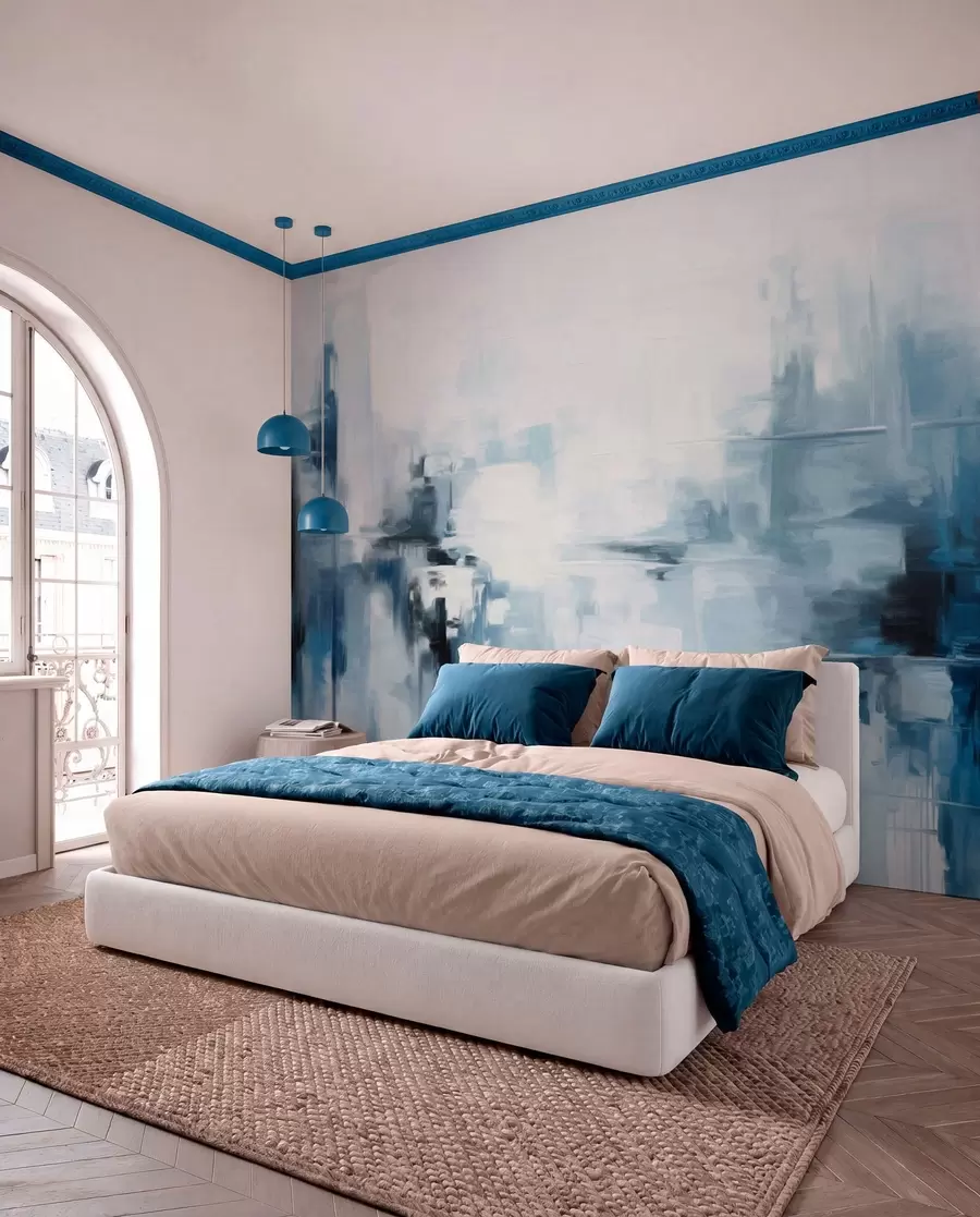 murales de pared Imitación de pintura abstracta de paisaje con textura y pinceladas azules y blancas, estilo moderno w09422