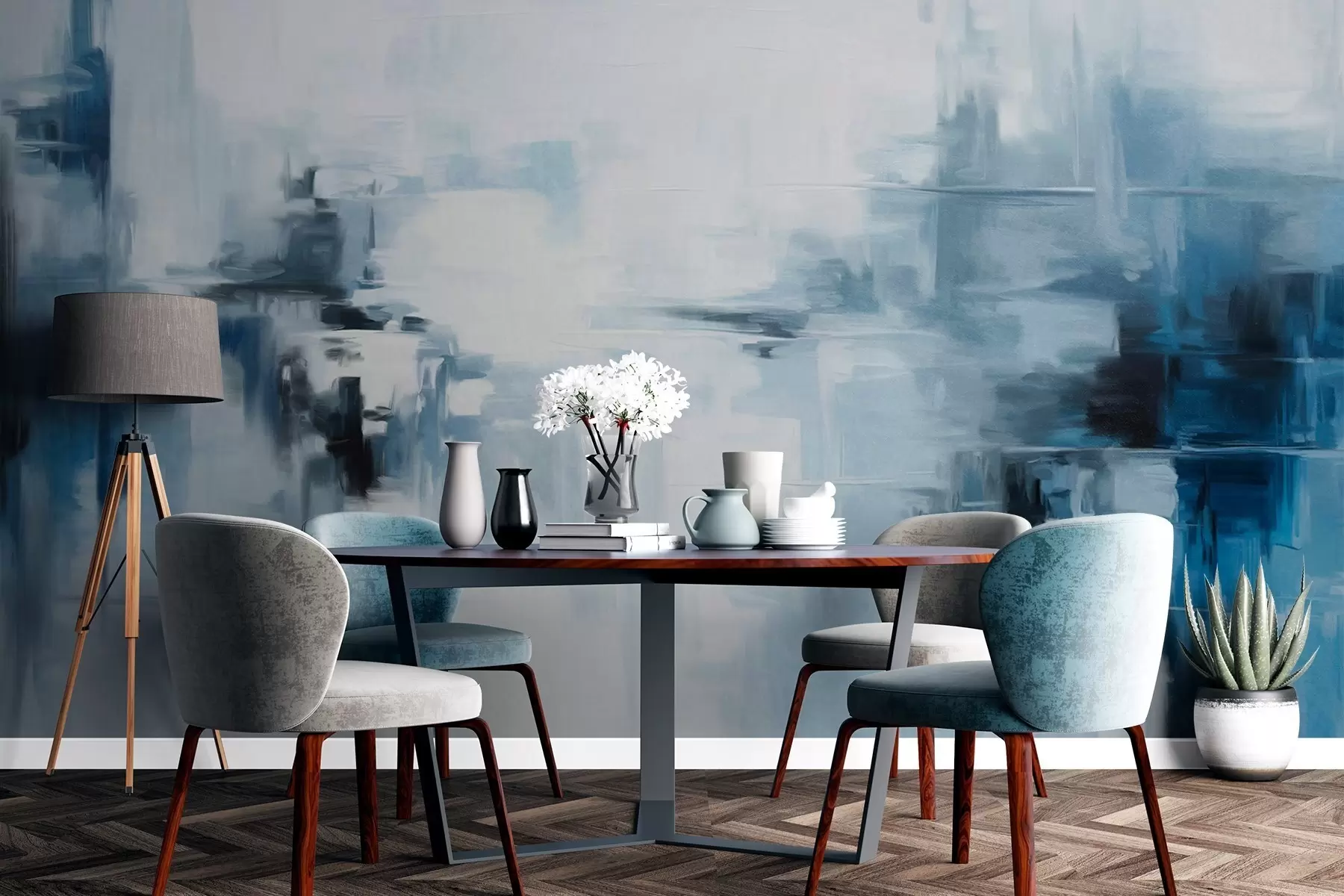 Murales de pared Imitación de pintura abstracta de paisaje con textura y pinceladas azules y blancas, estilo moderno w09422 murales de pared Imitación de pintura abstracta de paisaje con textura y pinceladas azules y blancas, estilo moderno w09422