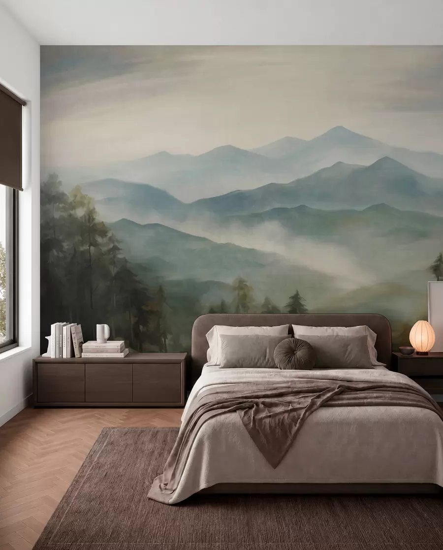 murales de pared Cordillera brumosa con árboles, niebla, cielo nublado, colores apagados, estilo de pintura paisajística w09424