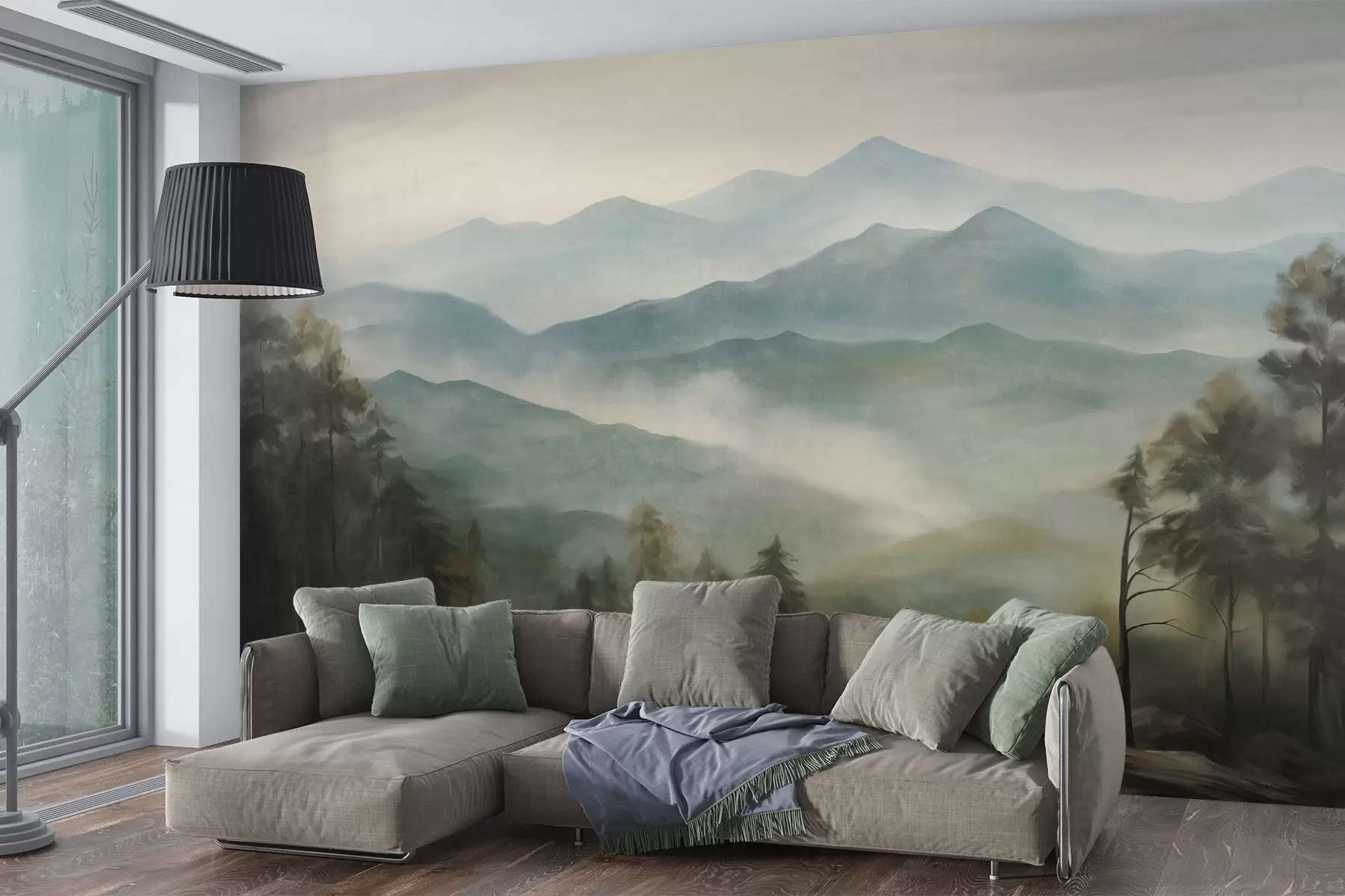 murales de pared Cordillera brumosa con árboles, niebla, cielo nublado, colores apagados, estilo de pintura paisajística w09424