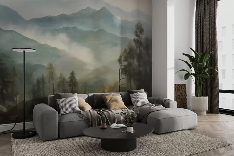 murales de pared Cordillera brumosa con árboles, niebla, cielo nublado, colores apagados, estilo de pintura paisajística w09424