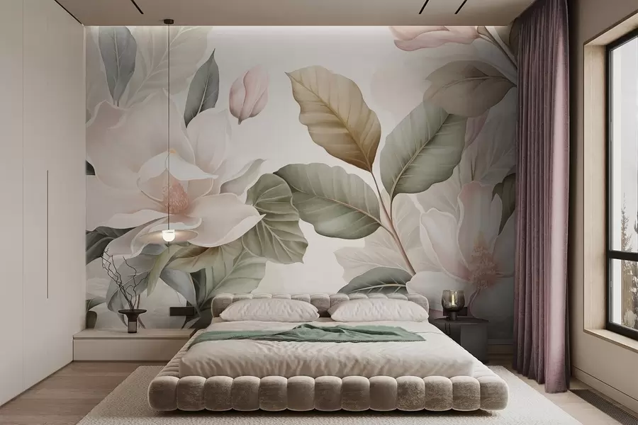murales de pared Flores de magnolia con hojas en colores pastel, blanco, rosa y verde, suaves, delicadas, estilo acuarela w09427