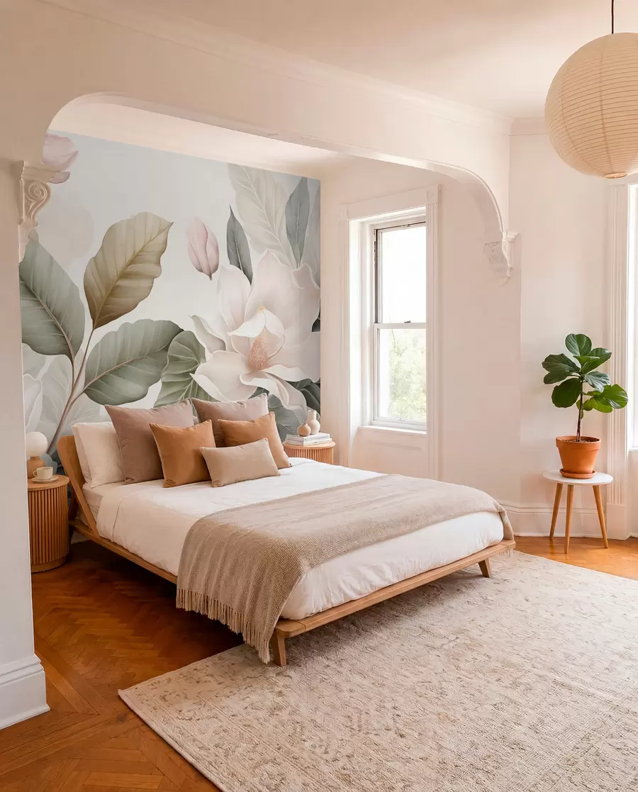 murales de pared Flores de magnolia con hojas en colores pastel, blanco, rosa y verde, suaves, delicadas, estilo acuarela w09427