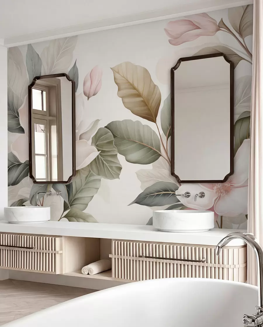 murales de pared Flores de magnolia con hojas en colores pastel, blanco, rosa y verde, suaves, delicadas, estilo acuarela w09427