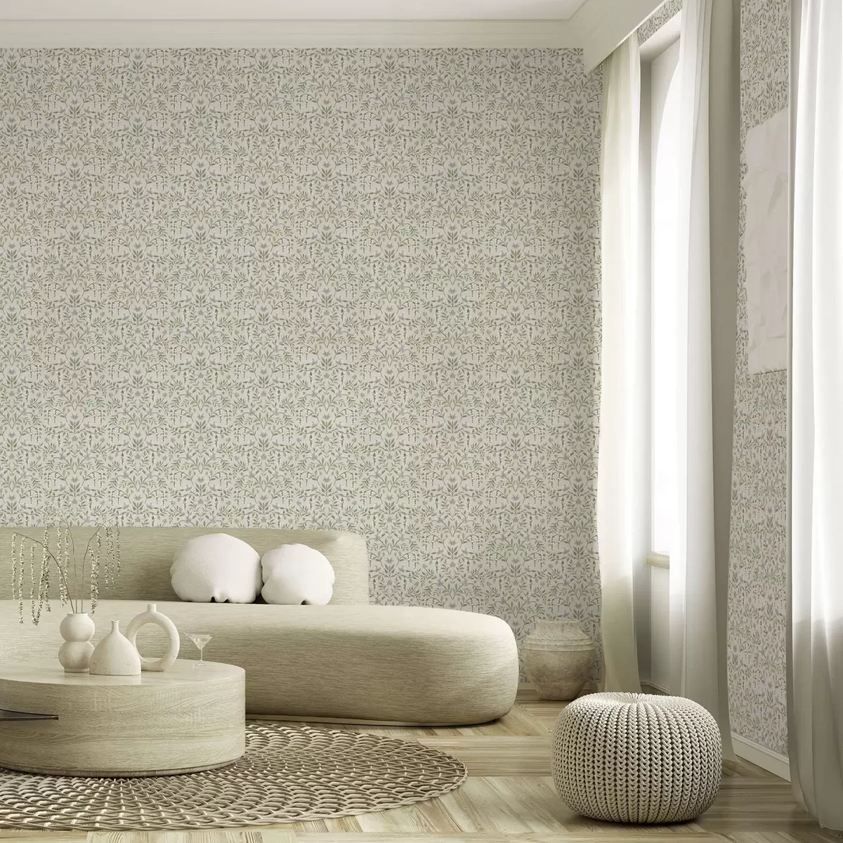 Papel pintado Adorno ligero en forma de vid con flores blancas, simétrico a00609