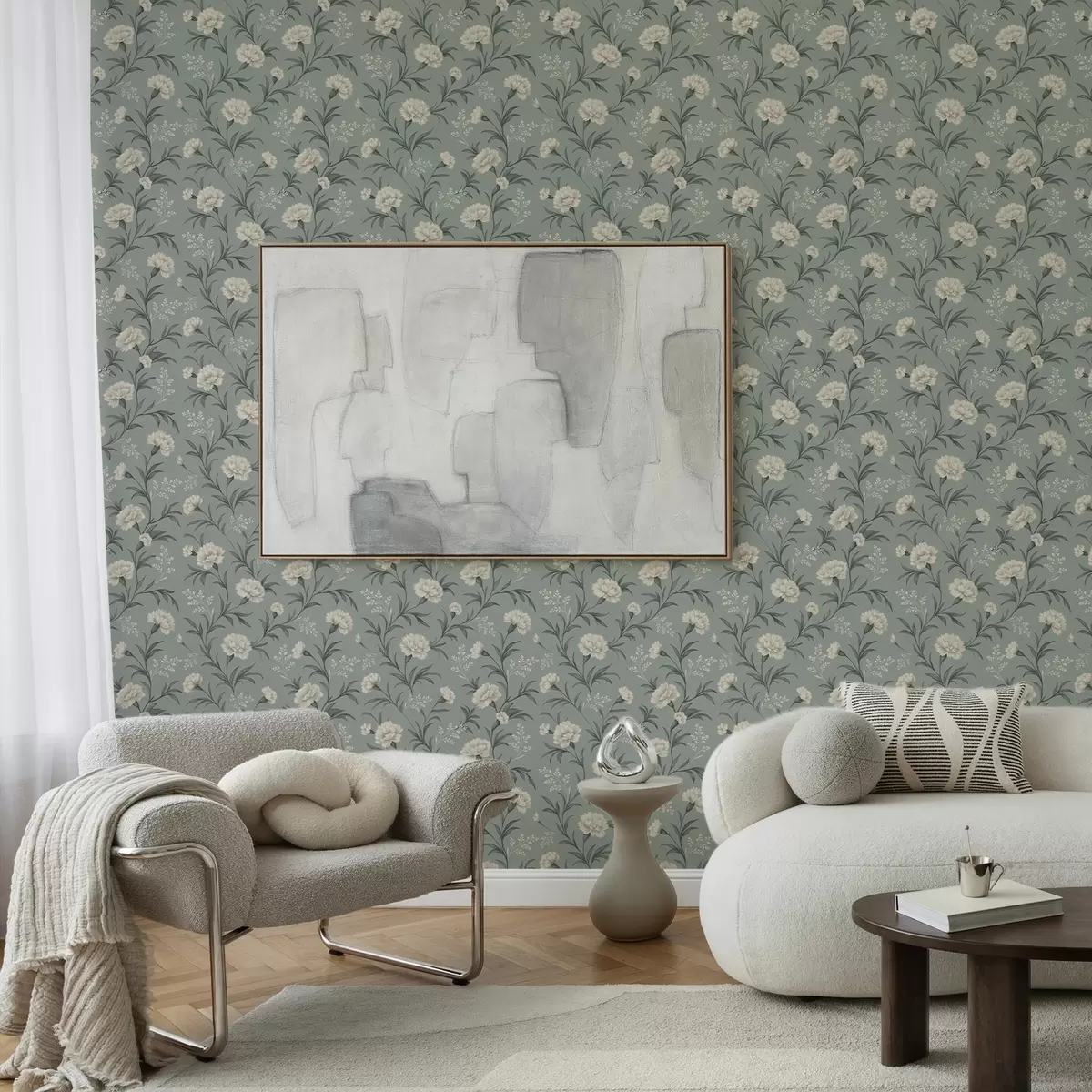 Papel pintado Claveles en polvo sobre fondo gris verdoso, estampado refinado a00610