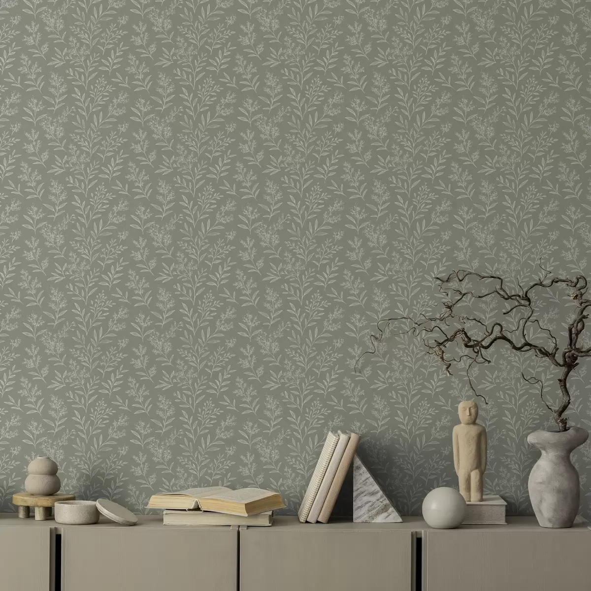 Papel pintado Salvia verde: finas hierbas e inflorescencias, delicado diseño a00611