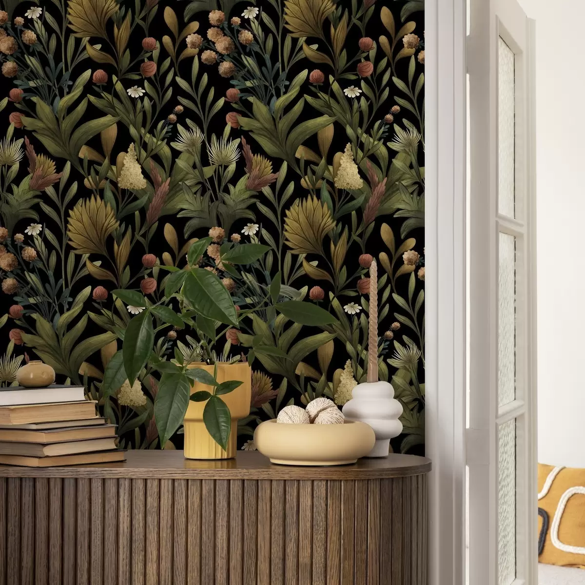 Papel pintado Jardín botánico sobre fondo negro, cálida paleta otoñal a00619