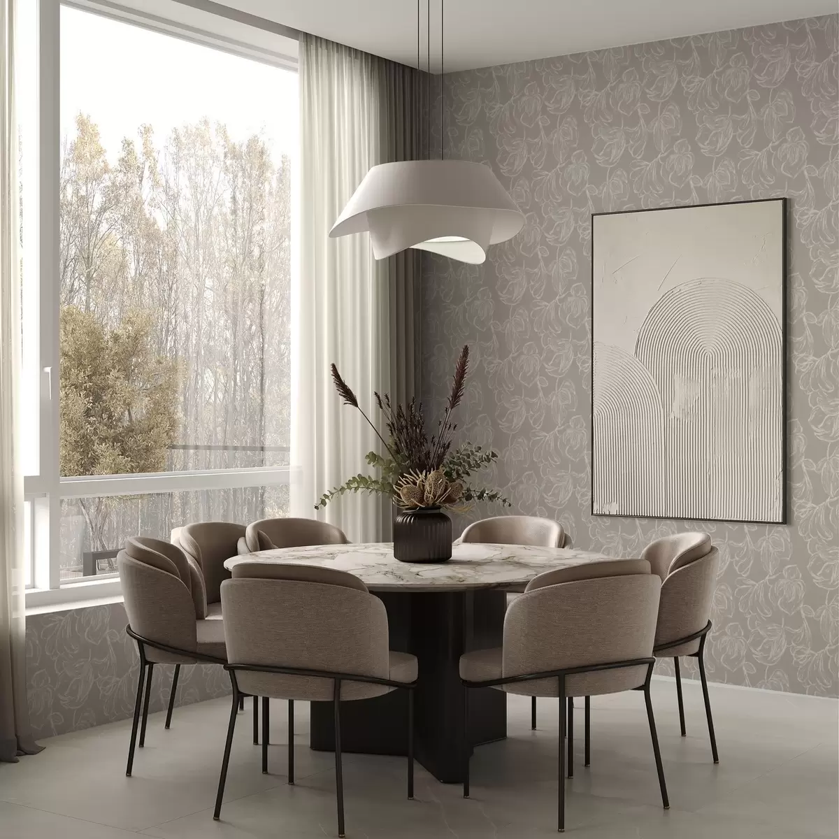 Papel pintado Flores con contorno en crema sobre un fondo marrón grisáceo cálido a00625v2