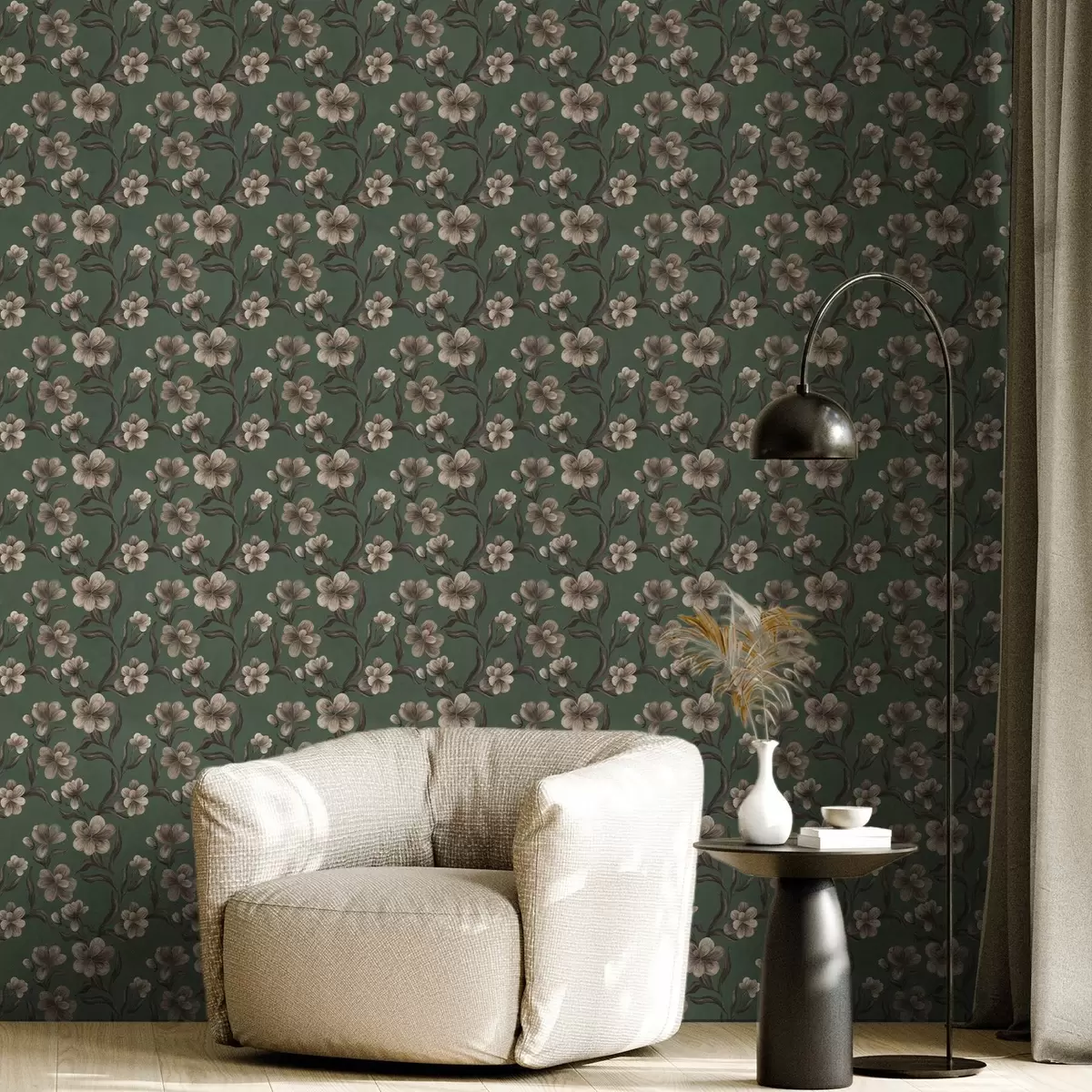 Papel pintado Flores beige sobre un fondo verde intenso a00626v3
