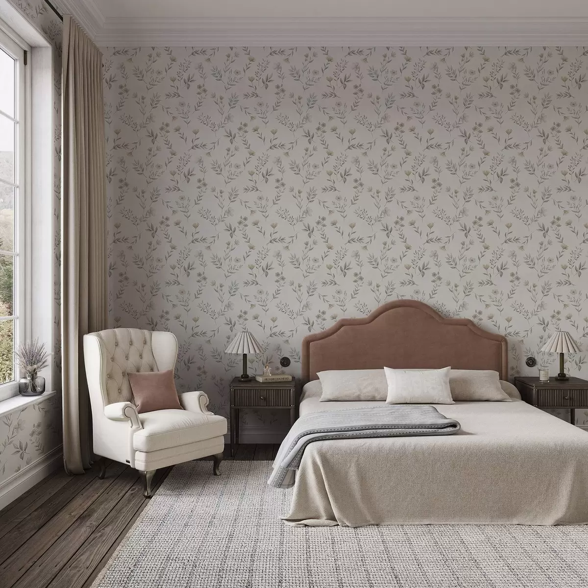 Papel pintado Pequeñas ramitas y flores pintadas con acuarela sobre un fondo claro a00665