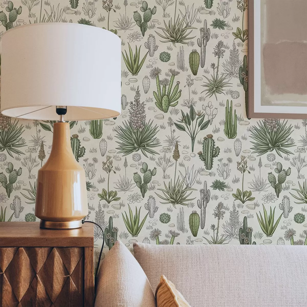Papel pintado Cactus y suculentas sobre un fondo cálido, estampado detallado a00666