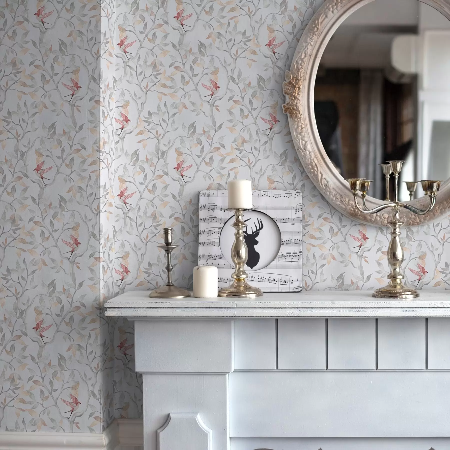 murales de pared Ramas ligeras con hojas y pájaros en tonos melocotón a00716