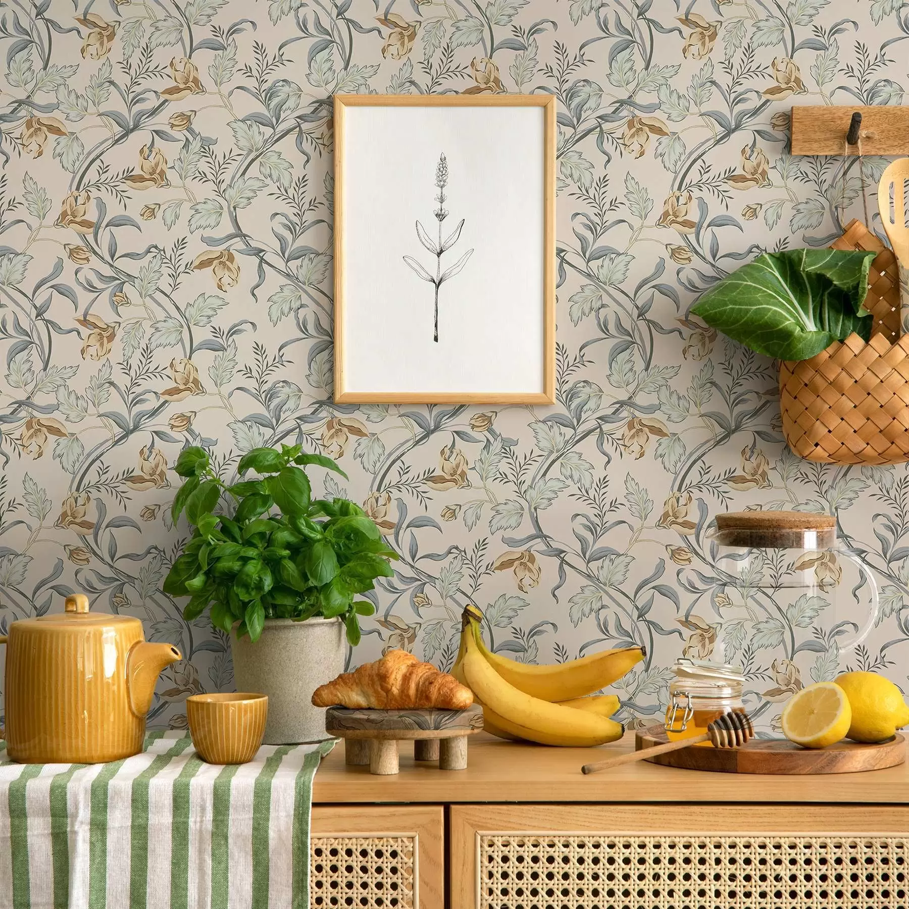 murales de pared Flores vintage con follaje azul sobre fondo crema a00717