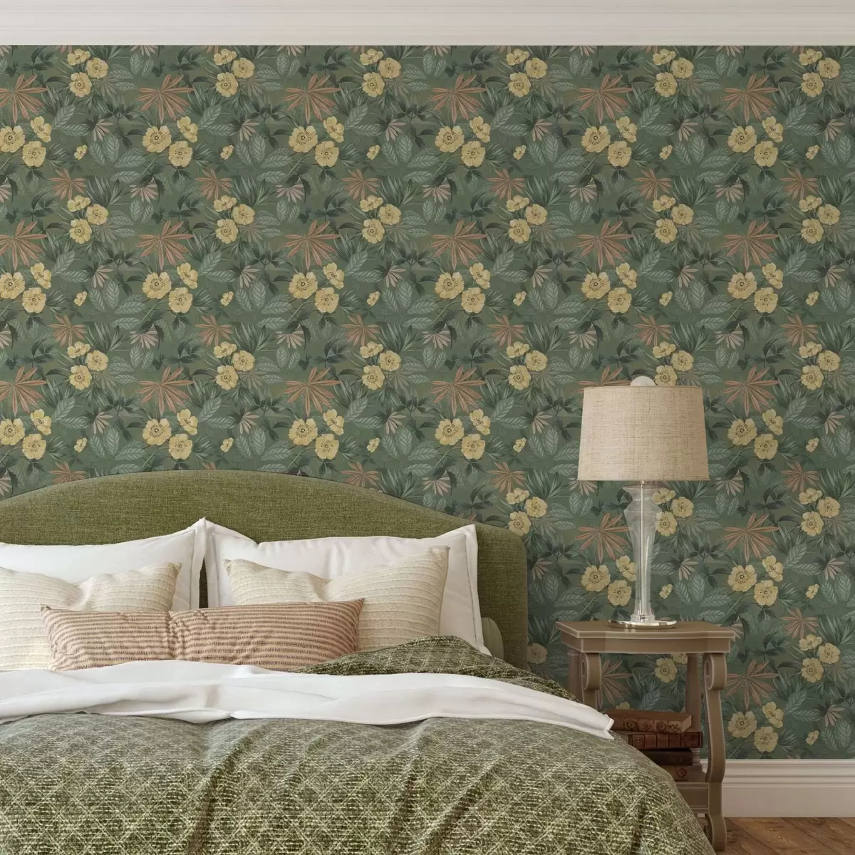 Papel pintado Flores amarillas entre texturas de hojas verdes a00718