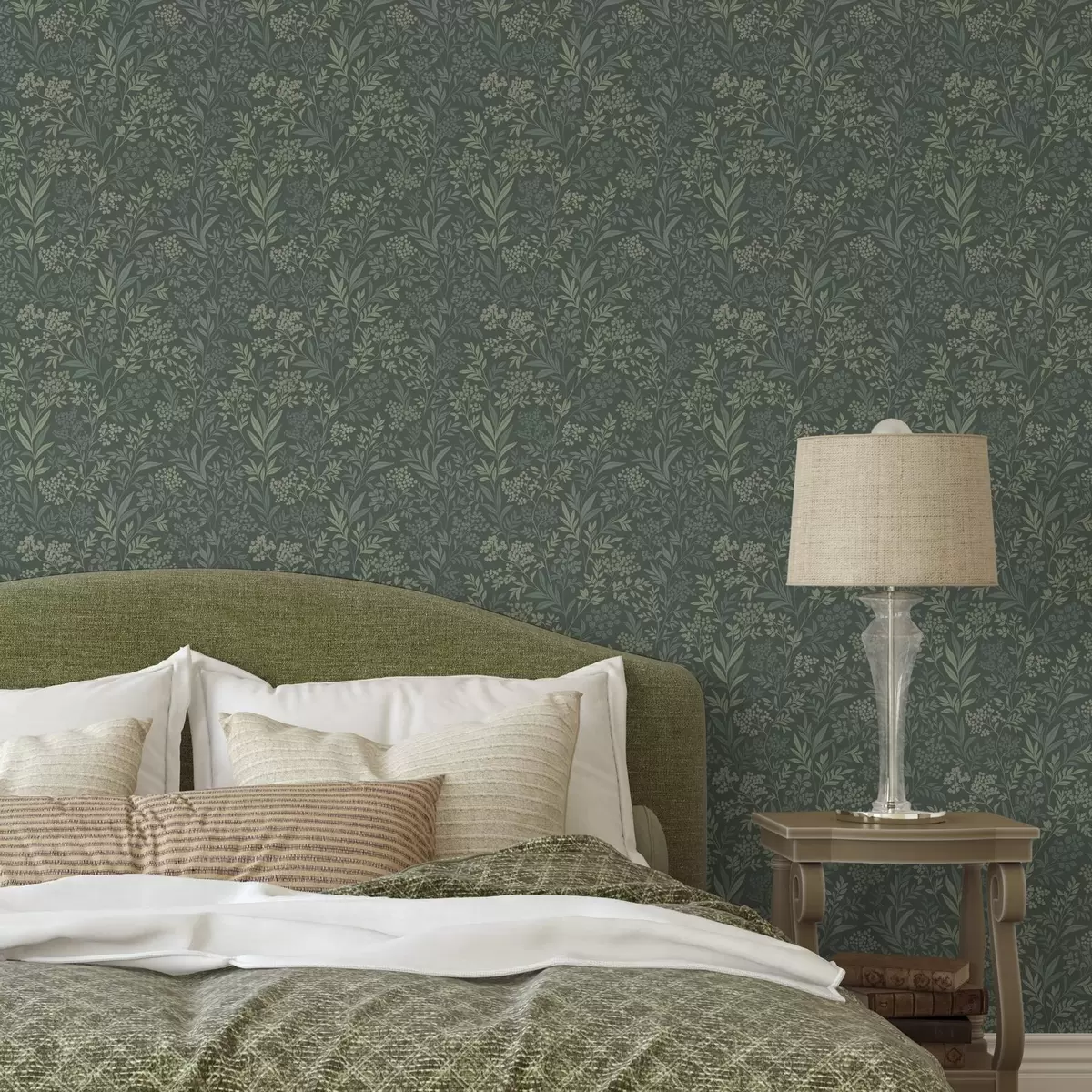 Papel pintado Hierbas y bayas esmeralda, delicado diseño botánico a00740