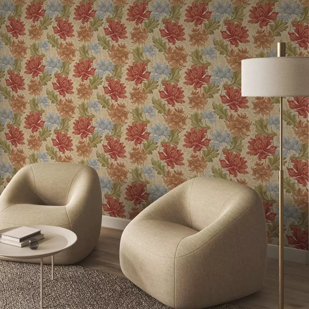 Papel pintado Grandes crisantemos en tonos cálidos sobre fondo beige a00743
