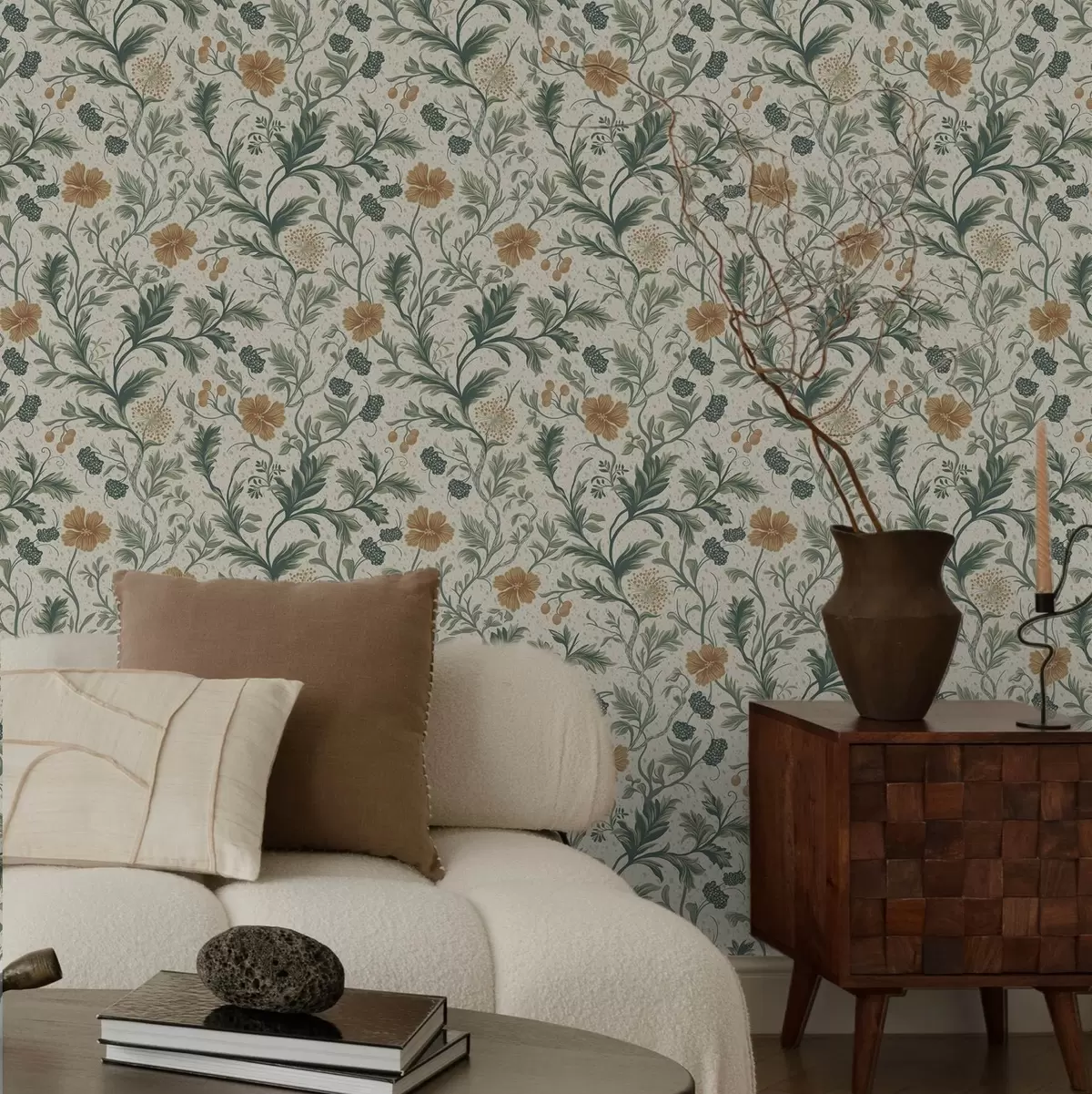 Papel pintado Ramitas delgadas con flores y bayas sobre un fondo granulado a00744