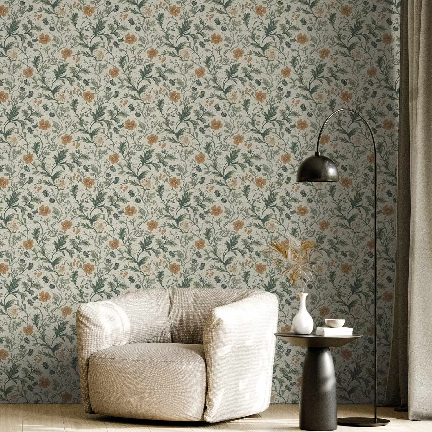murales de pared Ramitas delgadas con flores y bayas sobre un fondo granulado a00744