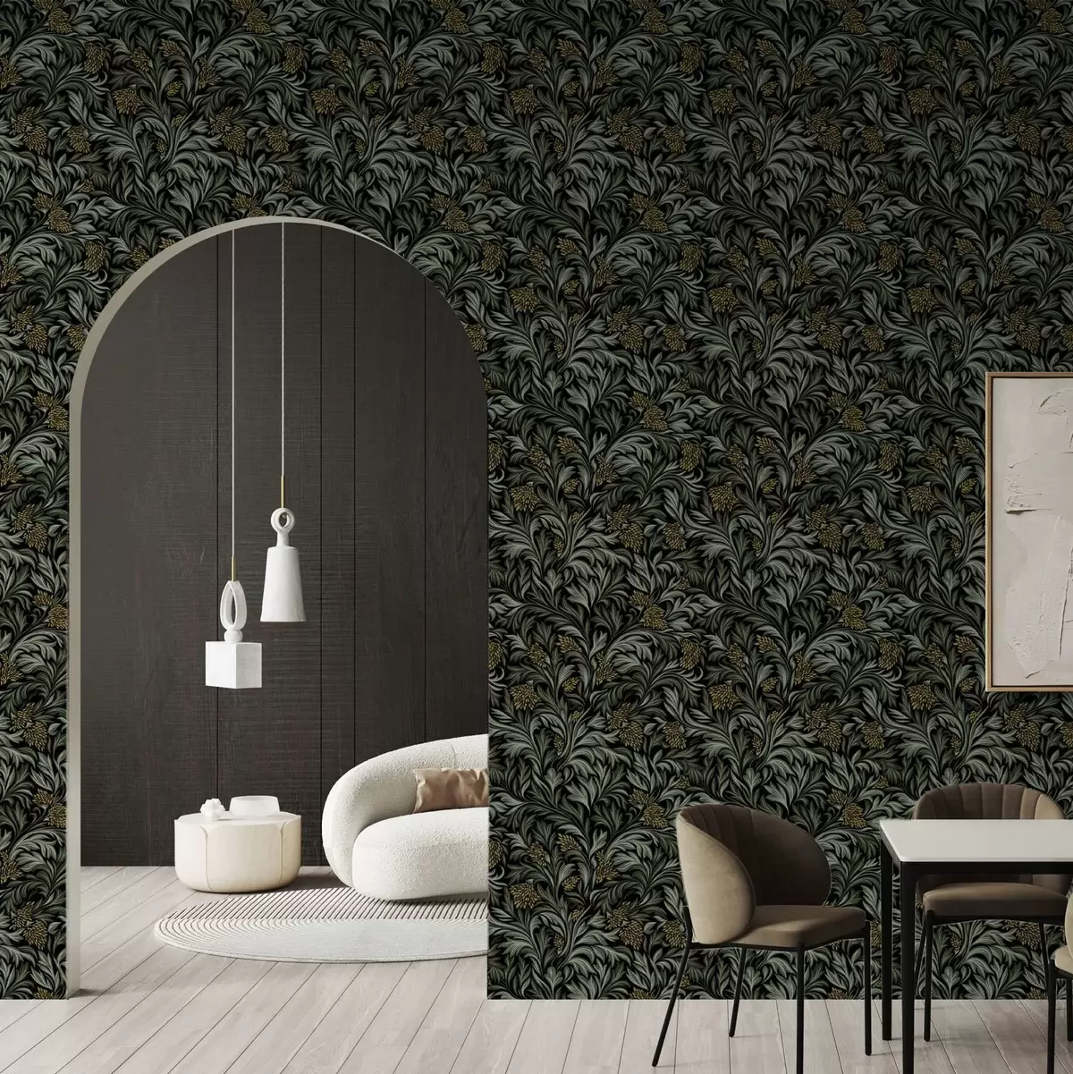 Papel pintado Hojas de acanto oscuras con conos dorados sobre fondo negro a00745