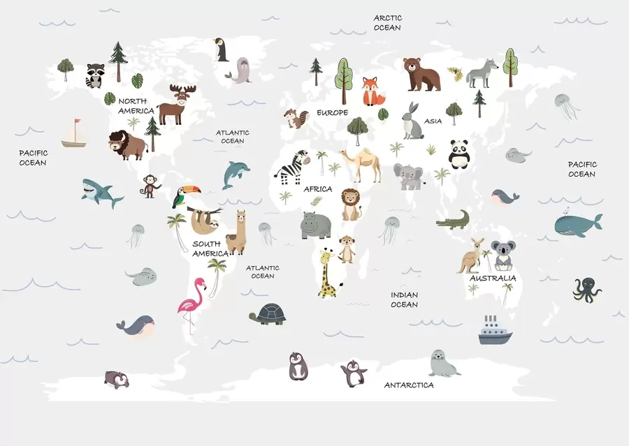 murales de pared Mapa del mundo con animales w04663