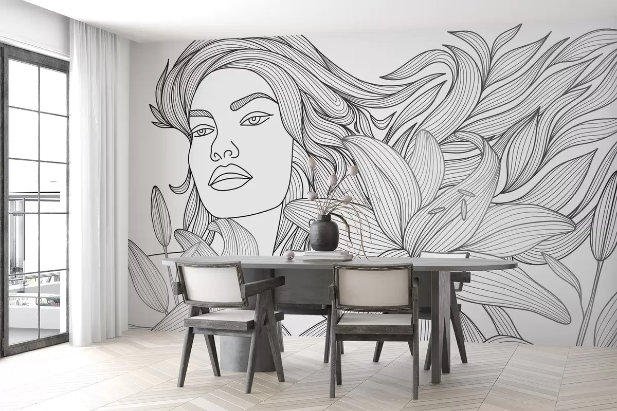 Murales de pared Retrato de una niña entre flores de lirio w04689 murales de pared Retrato de una niña entre flores de lirio w04689