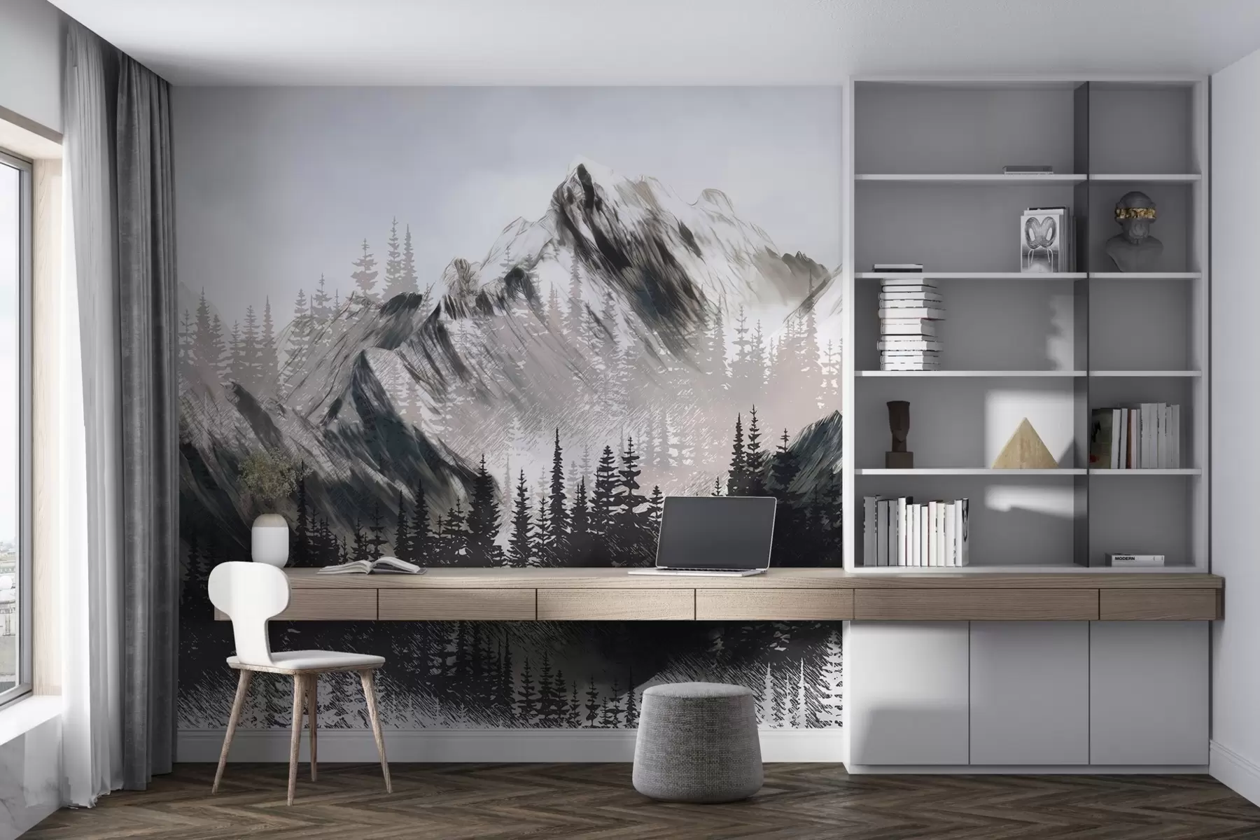 murales de pared Montañas y bosques de coníferas w04666