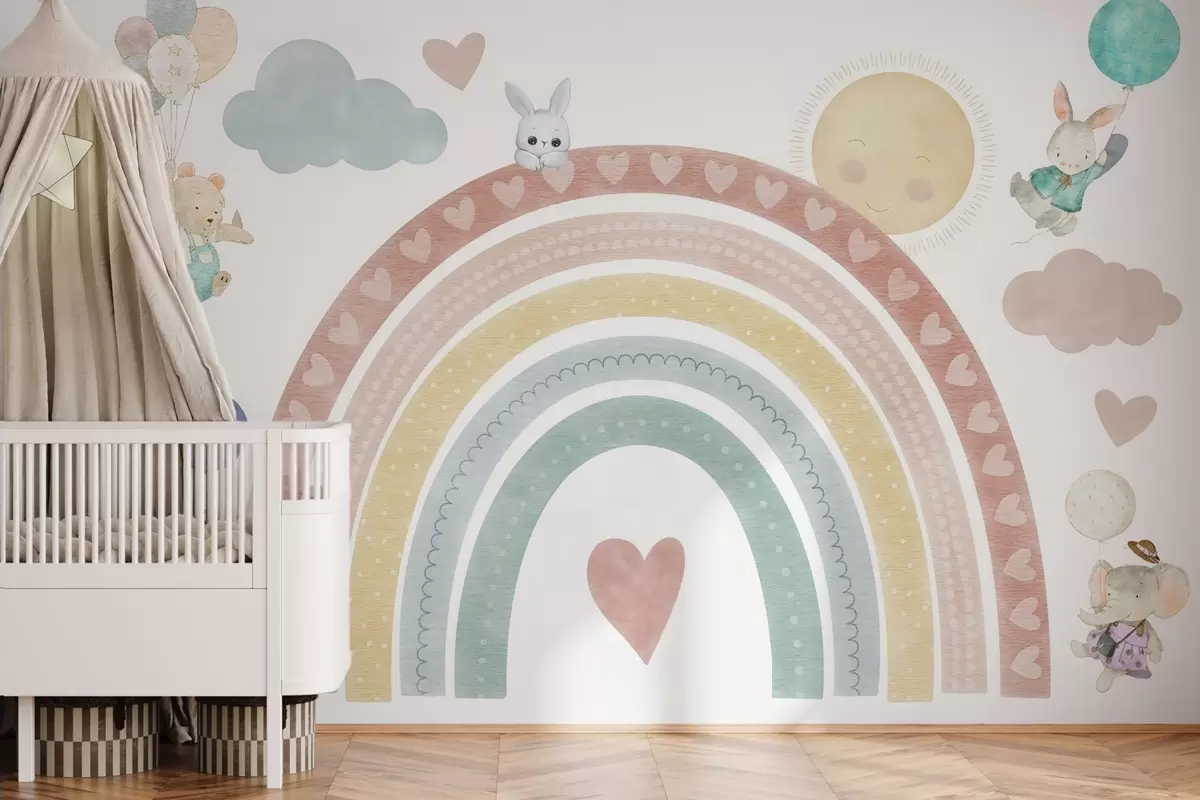 murales de pared Pastel arcoíris con corazones, animales y globos w04681