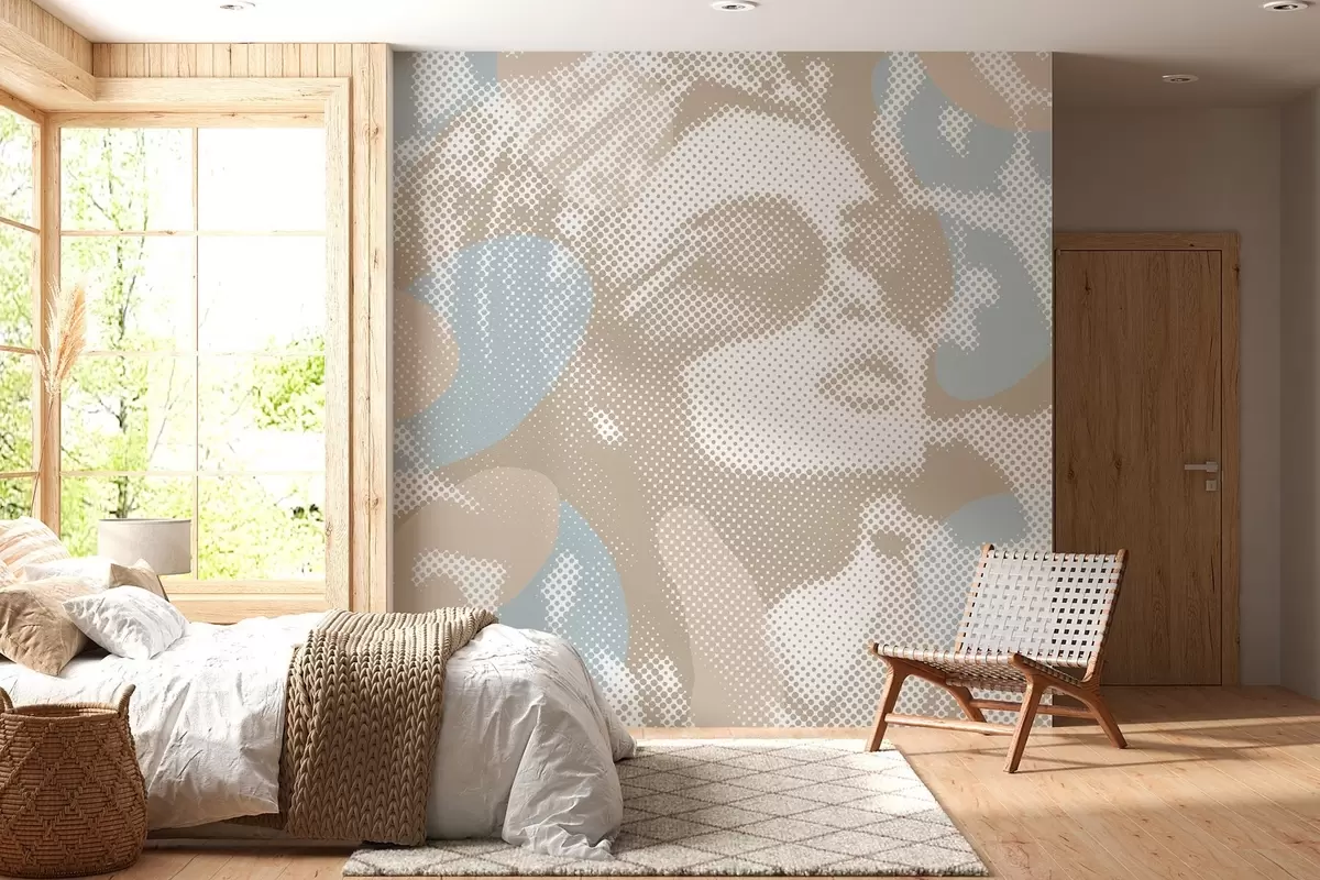 murales de pared retrato de una mujer sobre un fondo de leopardo en estilo punteado en tonos beige y azul w04630