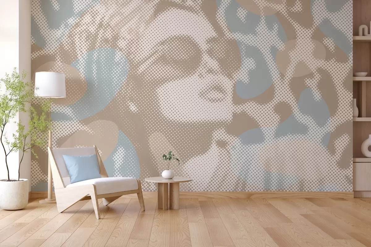 murales de pared retrato de una mujer sobre un fondo de leopardo en estilo punteado en tonos beige y azul w04630