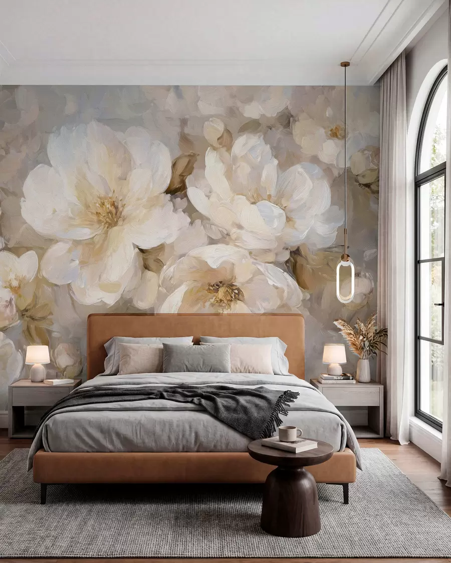 murales de pared flores grandes en tonos blancos y beige al estilo de la pintura al óleo w04633