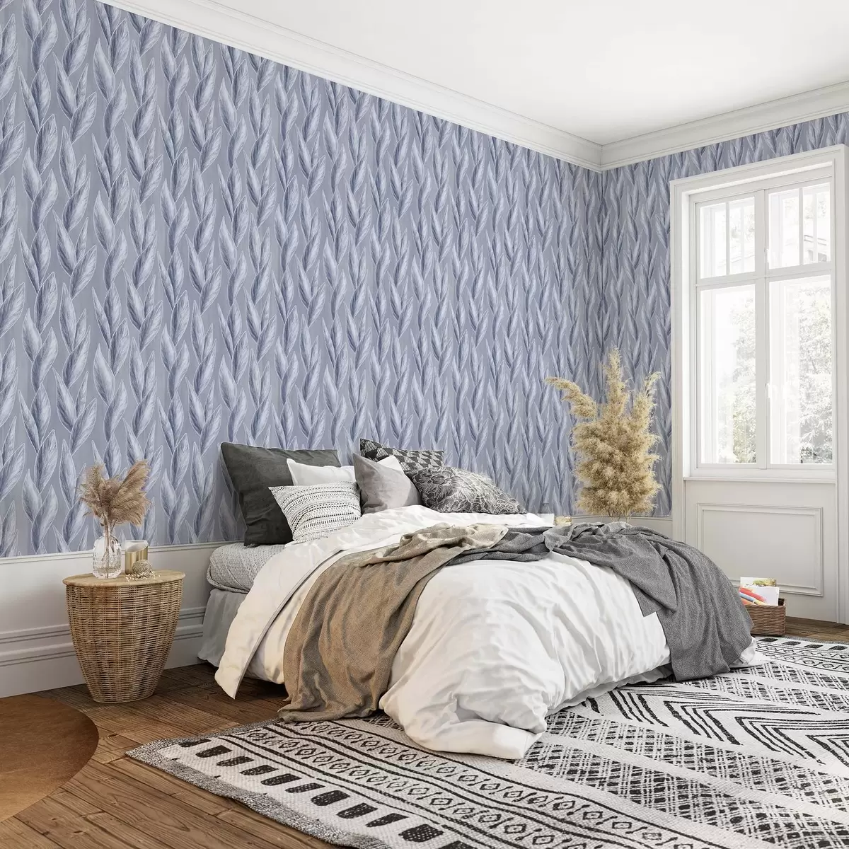 Papel pintado Hojas azul plateadas sobre fondo gris azulado, patrón gráfico a00627