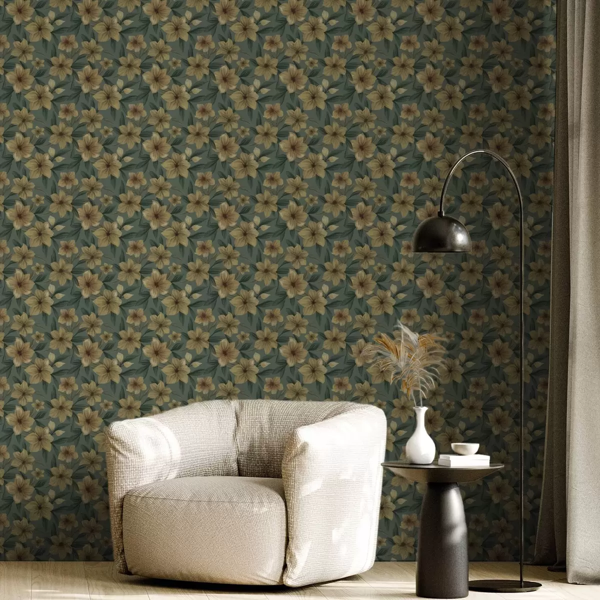 Papel pintado Flores ocres sobre fondo verde intenso, patrón denso a00628