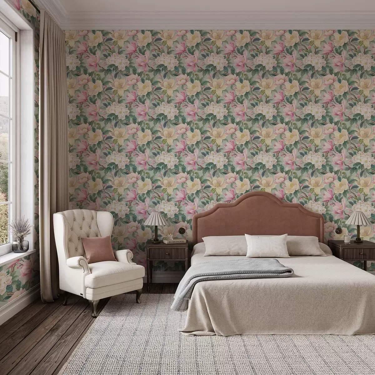 Papel pintado Magnolias y flores blancas sobre fondo gris menta a00644